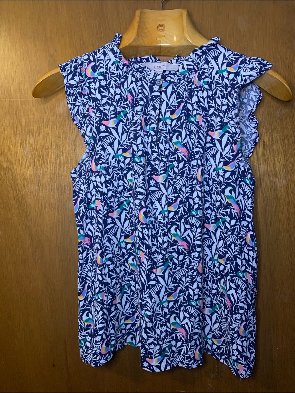 LOFT Navy Floral & Paradise Bird Print Ruffled Sleeve Blouse